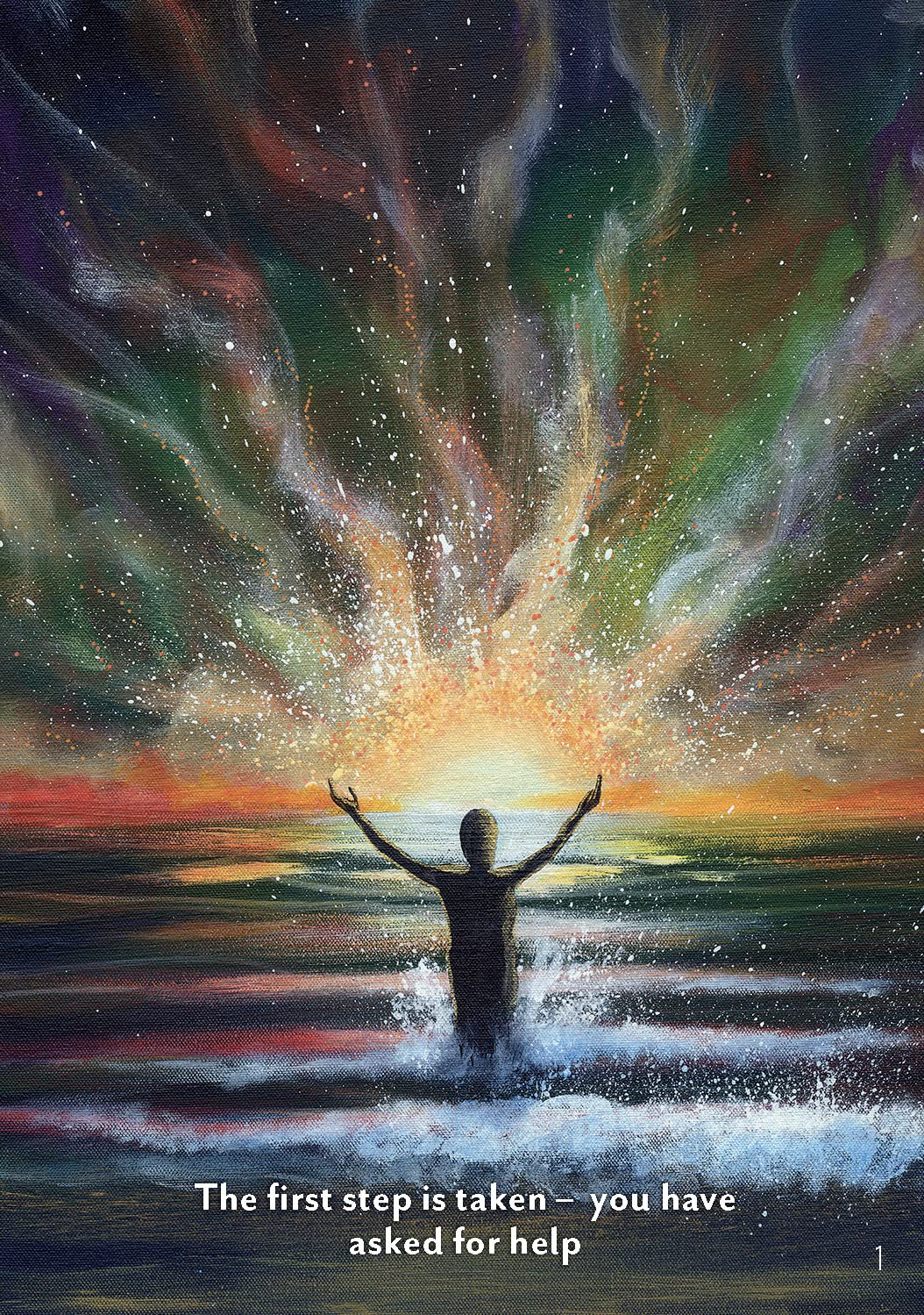 Person standing in water with arms outstretched towards a radiant light in a cosmic scene.