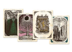 Four illustrated tarot-style cards arranged in a fan shape on a plain white background. The cards feature vintage-style artwork with cream borders and black, green, pink, and gold-toned illustrations, including a tree under a moon, a book with a snake, and two robed figures.