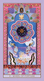 Colorful tarot card featuring the 'Wheel of Fortune' with intricate designs and symbols.
