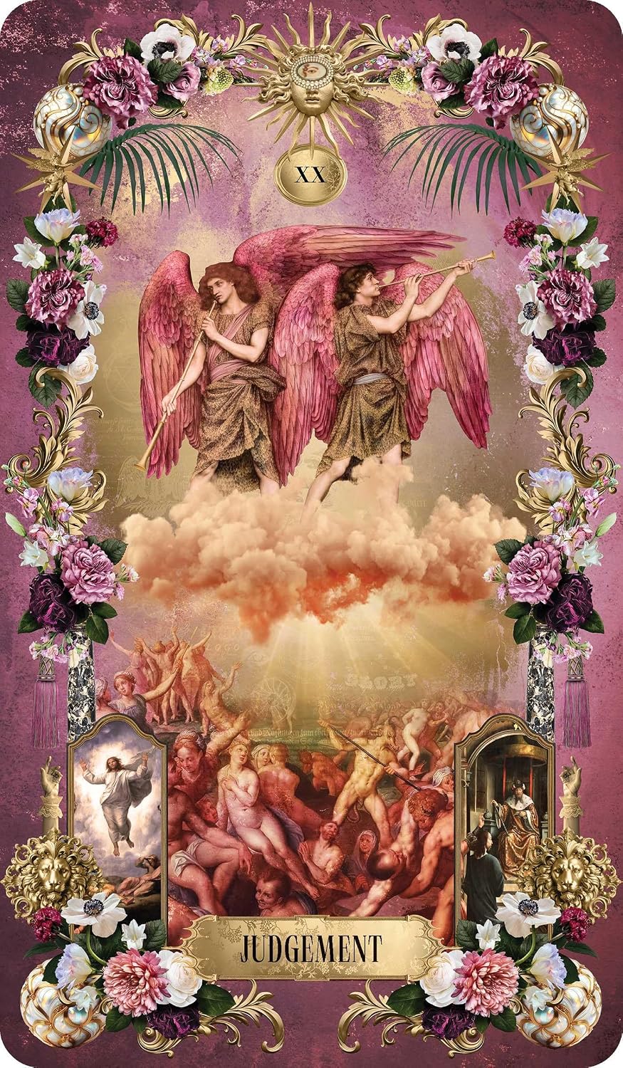 Tarot card titled 'Judgment' with angelic figures, clouds, and floral decorations on a purple background.