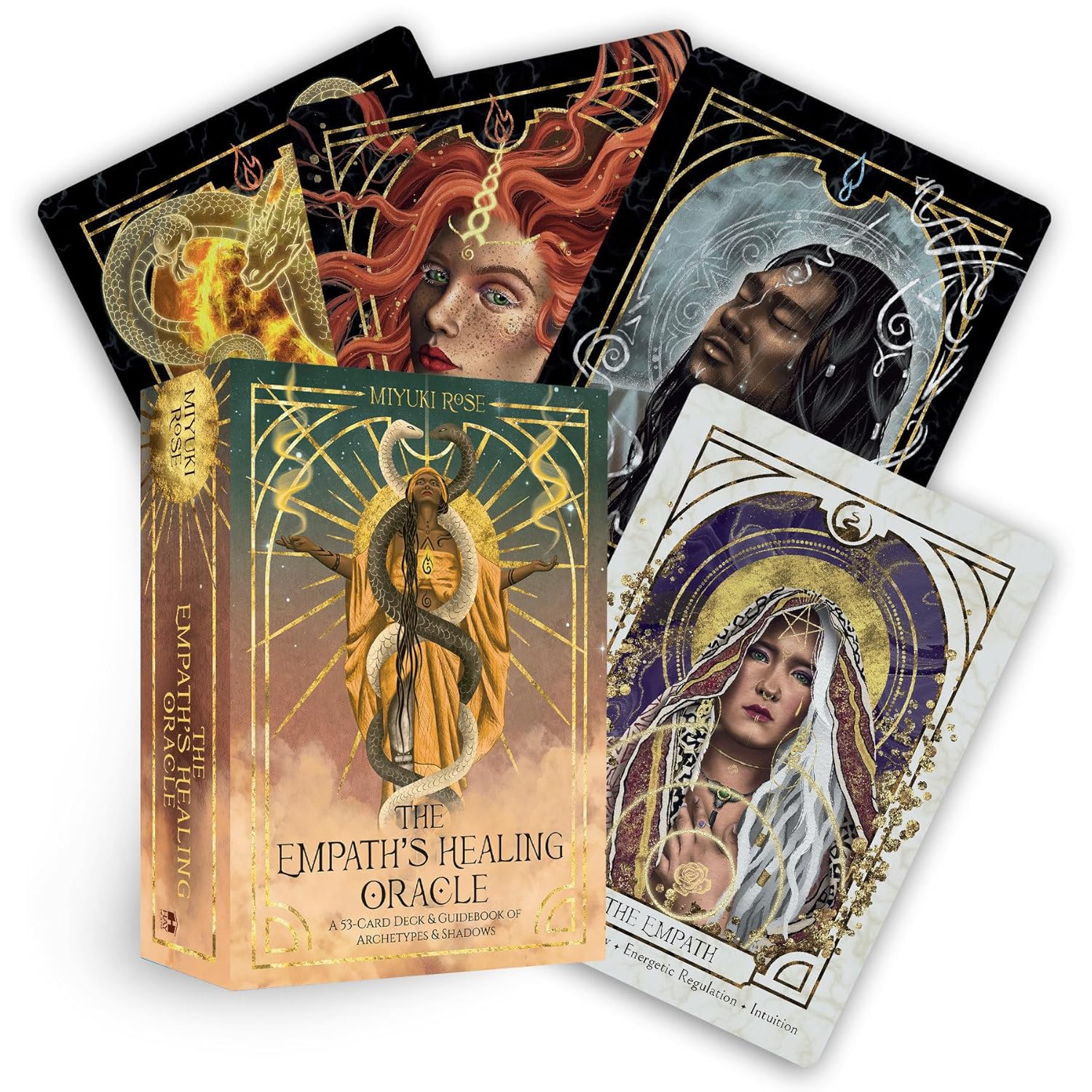 Set of 'Empath's Healing Oracle' cards with artistic illustrations on a white background