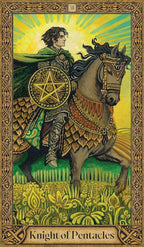 Card featuring a knight on horseback with a pentacle symbol, framed with decorative elements.