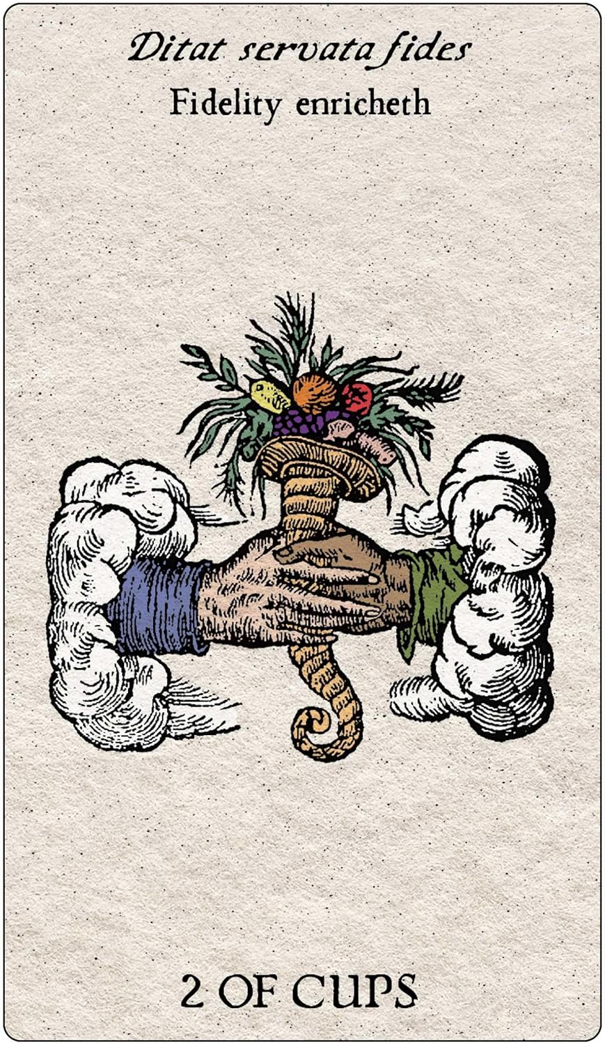 Card from a tarot deck with a hand holding flowers, clouds, and text on a beige background.