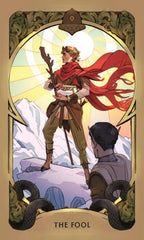 A tarot card illustration titled 'THE FOOL' showing a robed figure with a red cape standing in a snowy landscape, with another figure in the foreground and ornate decorative borders. The card fills the frame.