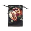 Drawstring bag with artistic design of hands and symbols on a black background