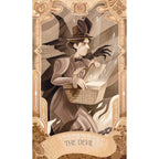 Tarot card titled 'The Devil' with a stylized illustration of a person in a top hat and coat holding a box.