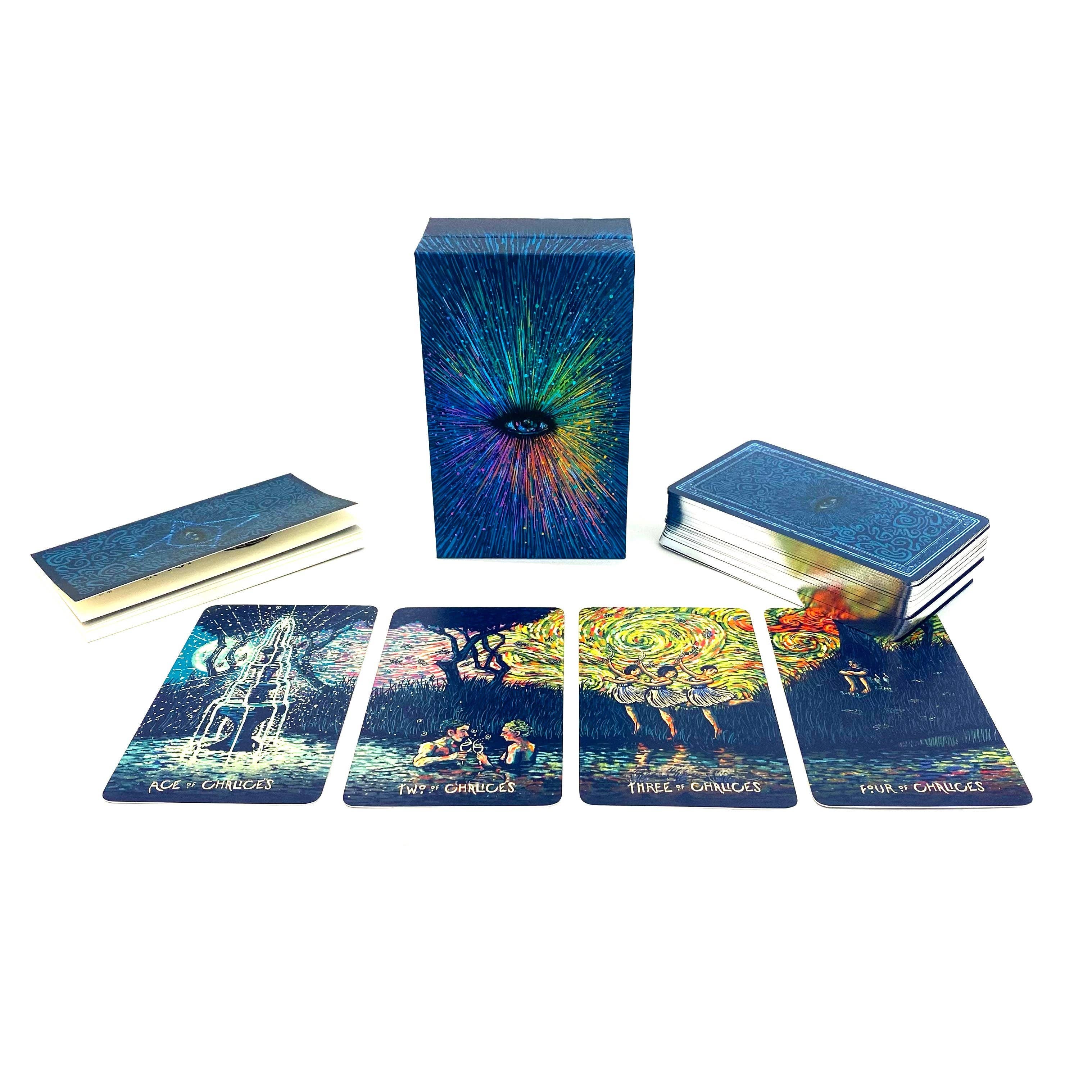 Tarot card set with colorful deck, box, and cards displayed on a white background