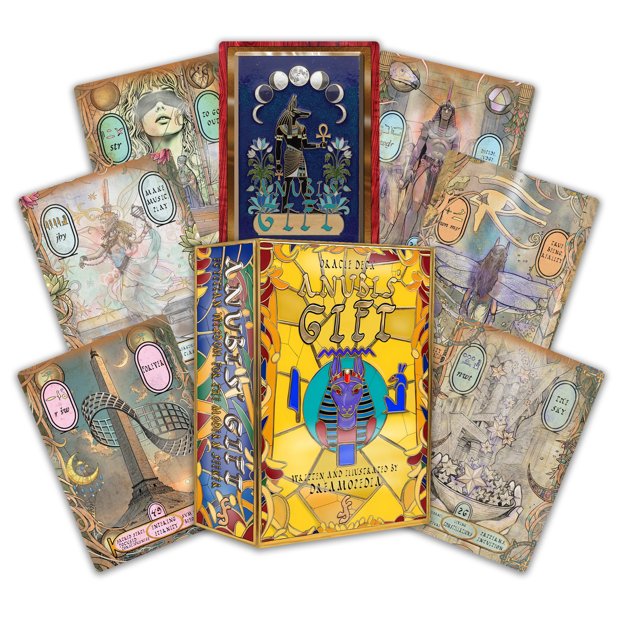 A set of illustrated tarot cards and a matching box arranged on a plain white background. The central box is bright yellow with a blue and gold Egyptian-themed design reading 'Mystery of the Ancients Card Game'.