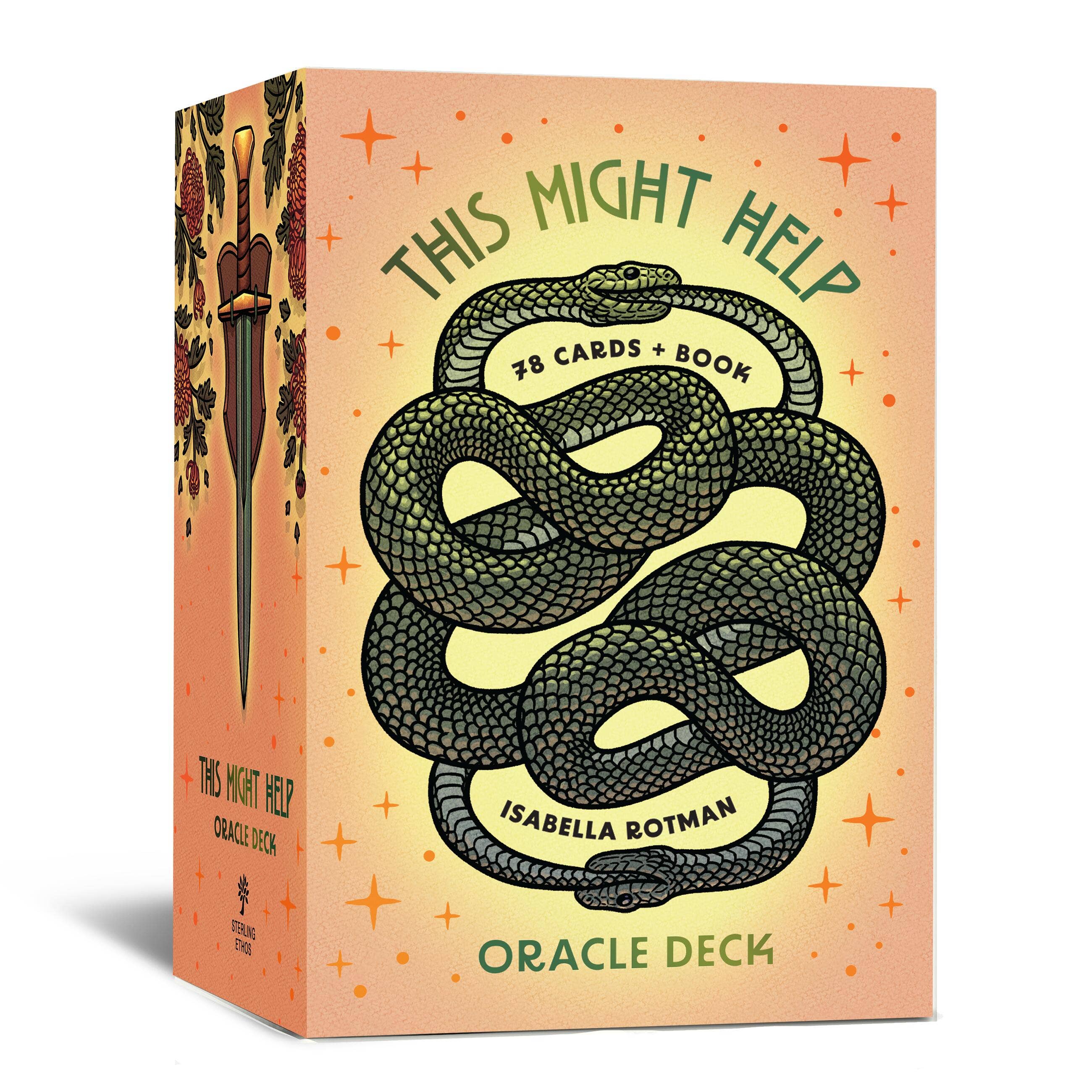 Oracle deck packaging with snake illustration and 'This Might Help' text on a gradient background