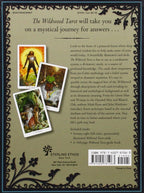 Back cover of a tarot card set packaging with text and images of tarot cards.