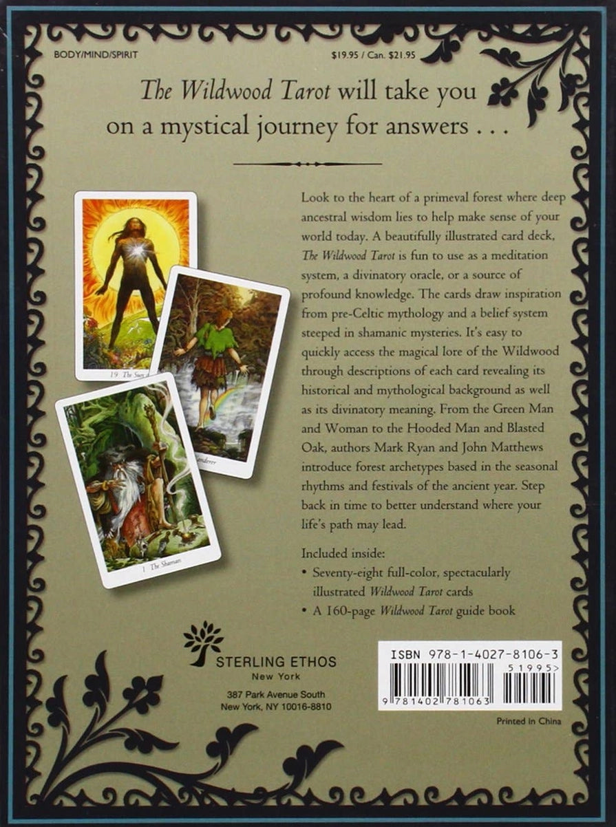 Back cover of a tarot card set packaging with text and images of tarot cards.