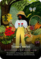 Illustration of a person at a farmers' market with text about distinguishing abundance and wholeness.