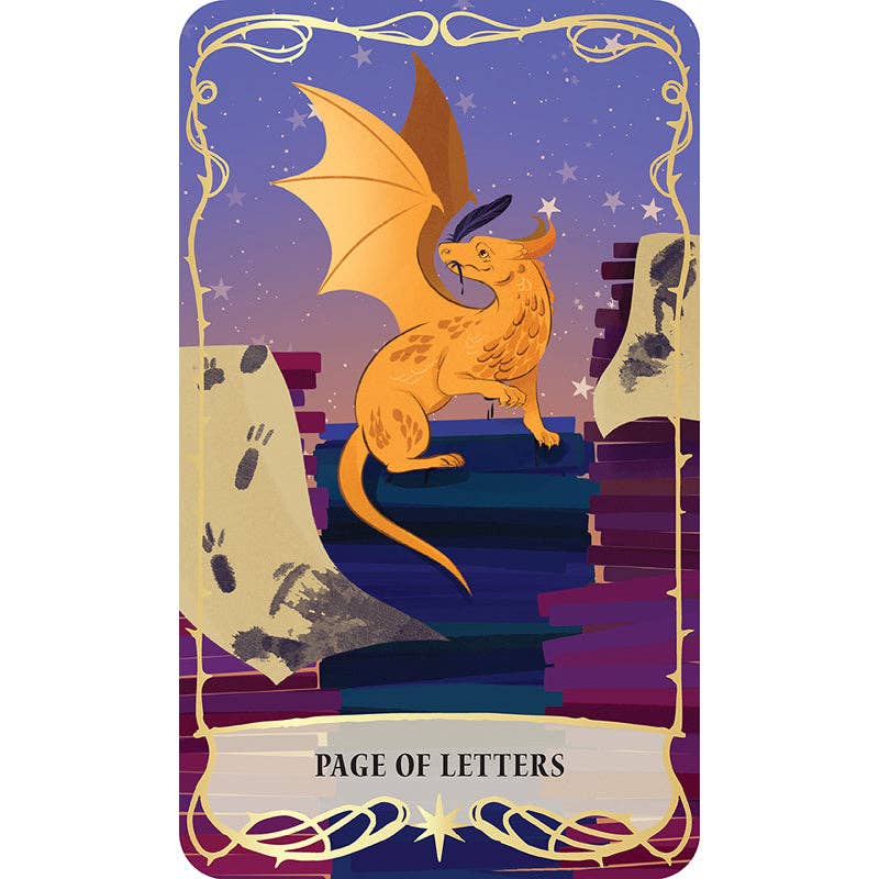 Card featuring a dragon on a purple background with 'Page of Letters' text