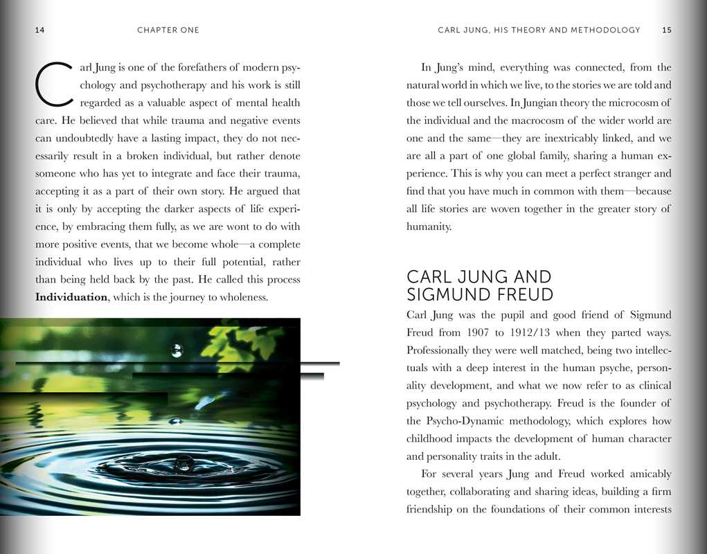 Book page with text about Carl Jung and Sigmund Freud, featuring a watercolor illustration of leaves.