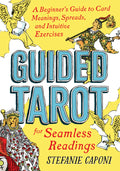 Book cover of 'Guided Tarot' with tarot card illustrations and text on a yellow background