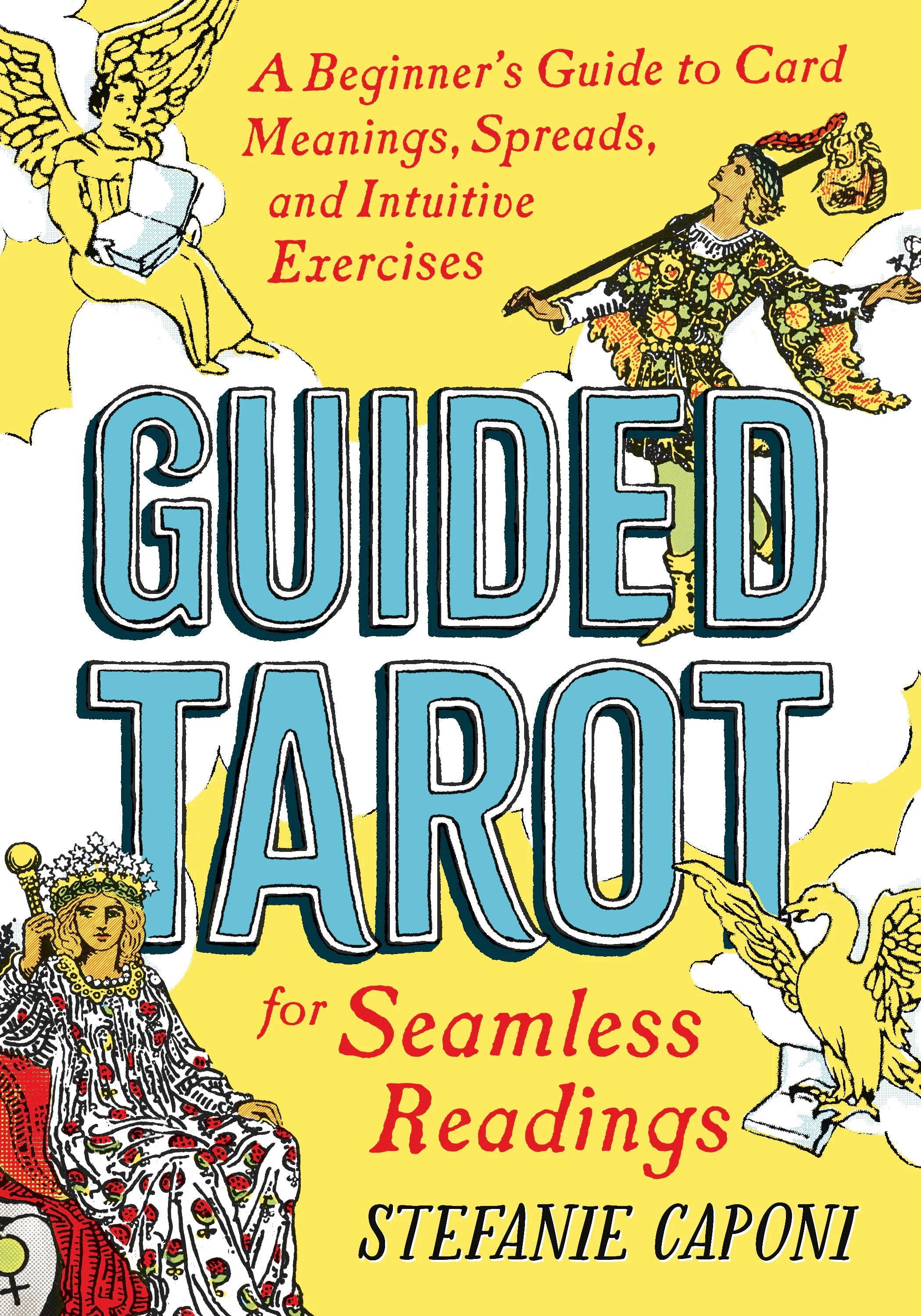 Book cover of 'Guided Tarot' with tarot card illustrations and text on a yellow background