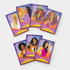 Set of trading cards featuring illustrated women on a white background