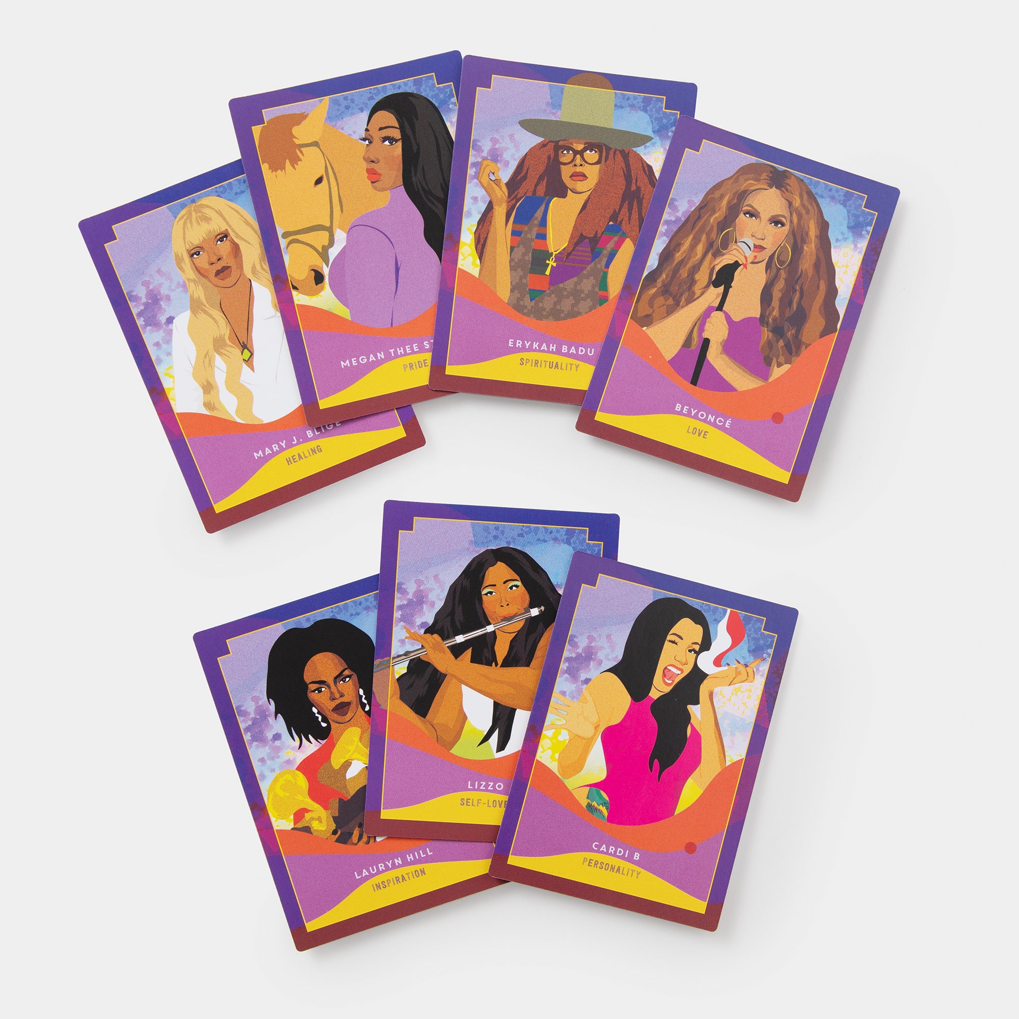 Set of trading cards featuring illustrated women on a white background