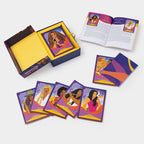 Card game set with colorful cards featuring women on a white background