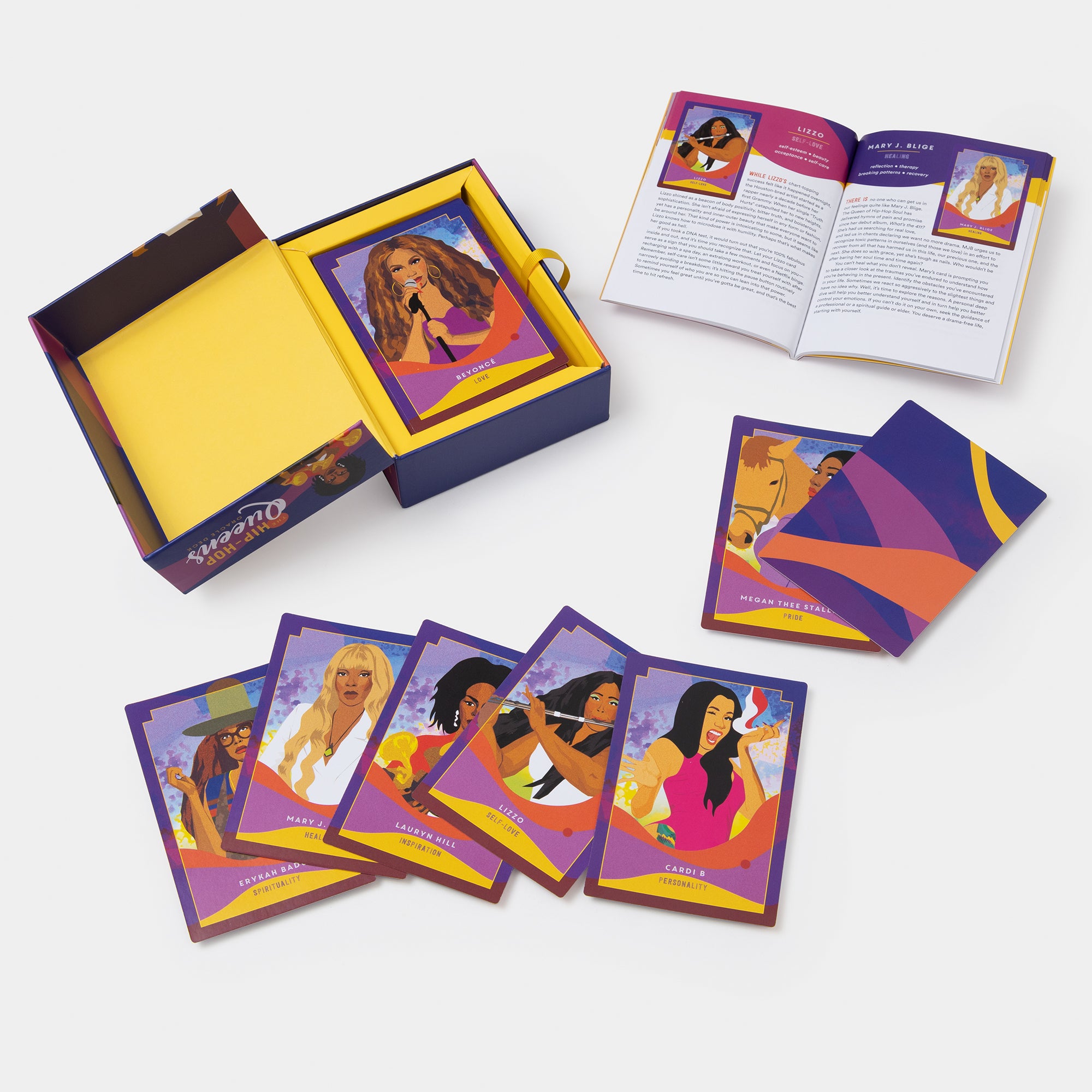 Card game set with colorful cards featuring women on a white background