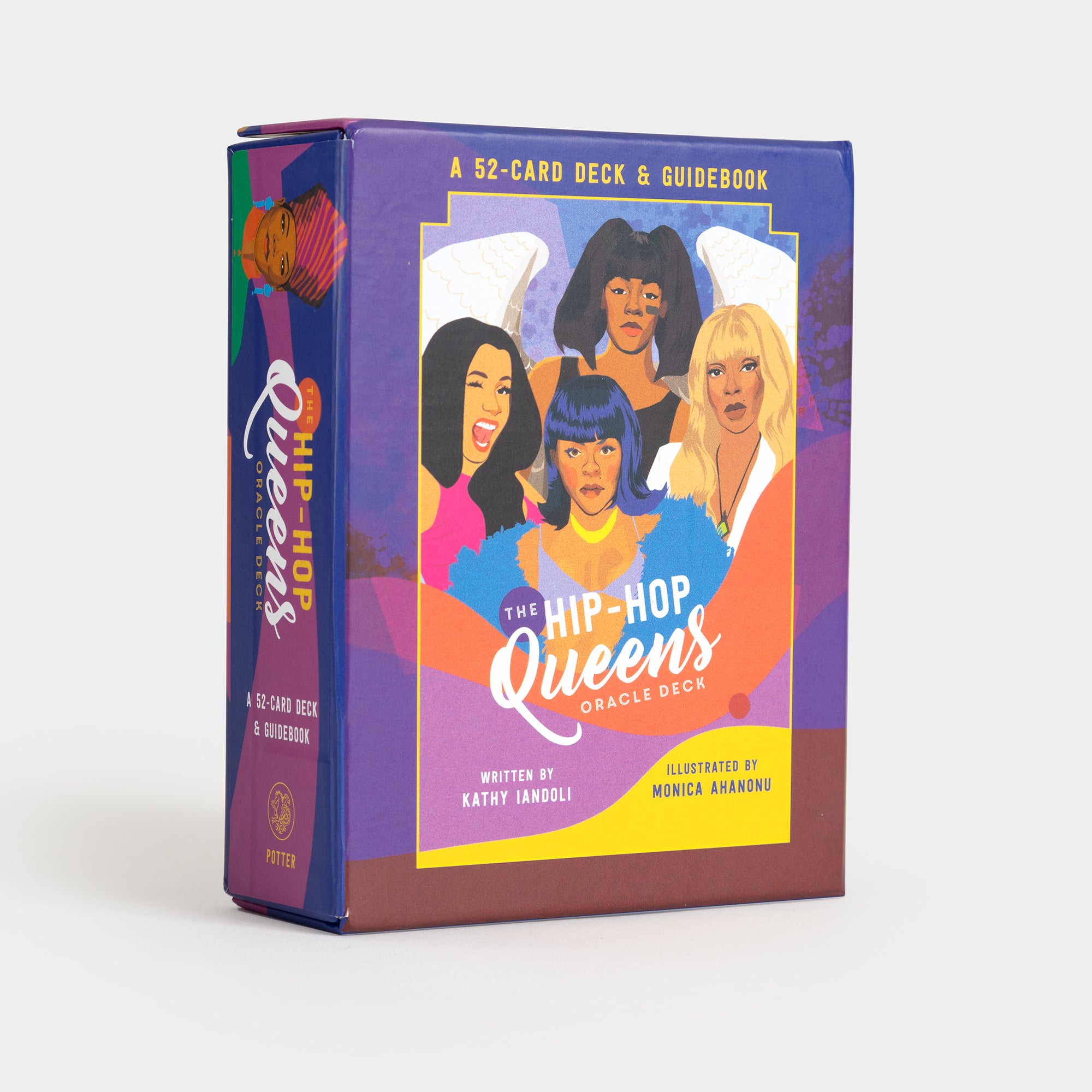 Box for 'The Hip-Hop Queens Oracle Deck' with illustrations of four women on a purple background.