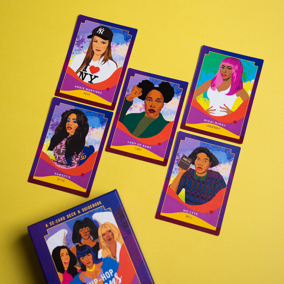 Colorful card deck with illustrated portraits on a yellow background
