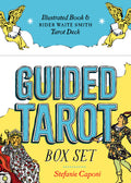 Cover of 'Guided Tarot Box Set' with illustrated book and Rider Waite Smith Tarot Deck, featuring colorful design elements.