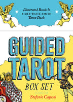 Cover of 'Guided Tarot Box Set' with illustrated book and Rider Waite Smith Tarot Deck, featuring colorful design elements.
