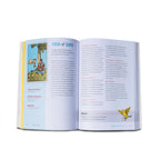 Open book showing a tarot card spread with illustrations and text on a white background