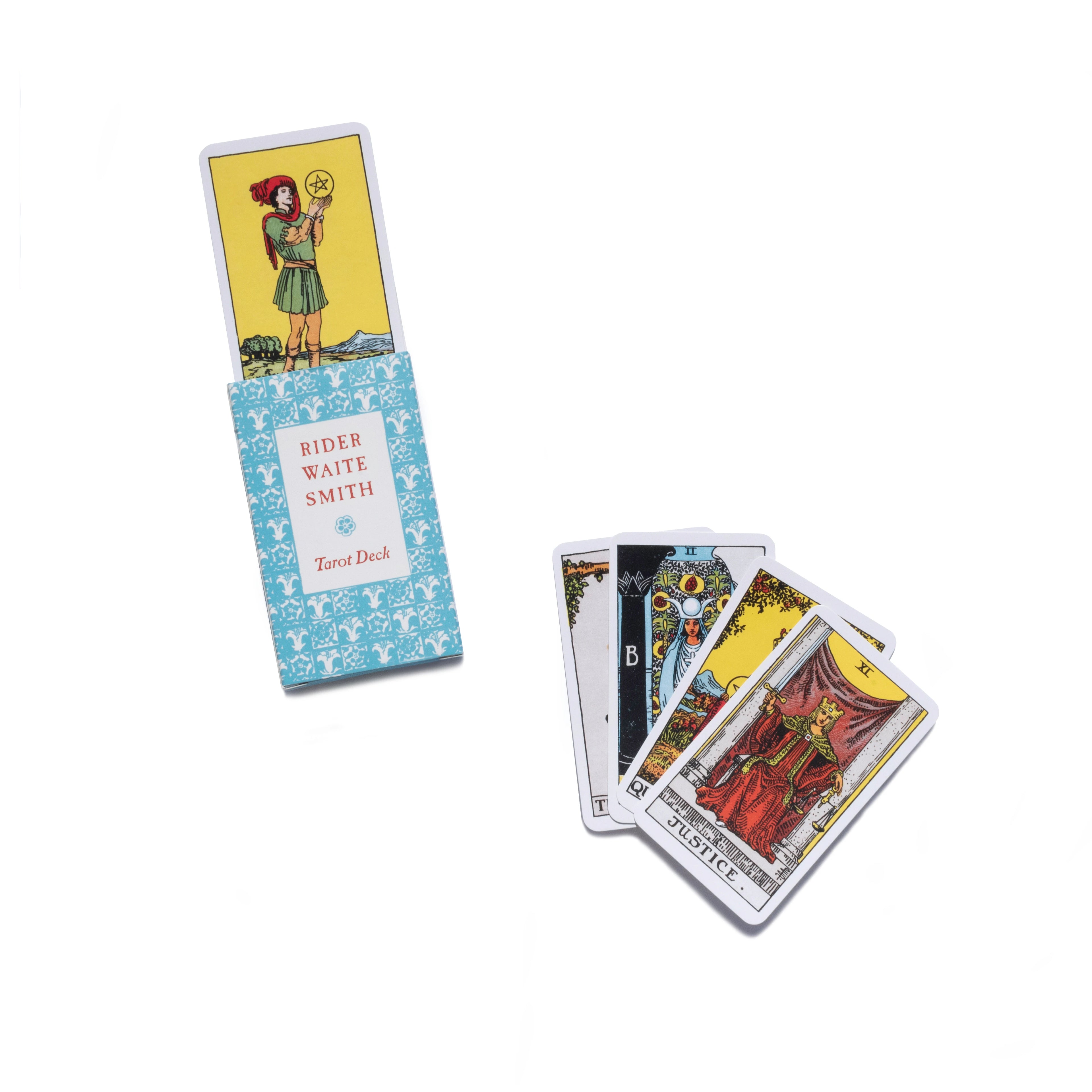 Rider Waite Smith tarot deck with cards open on a white background