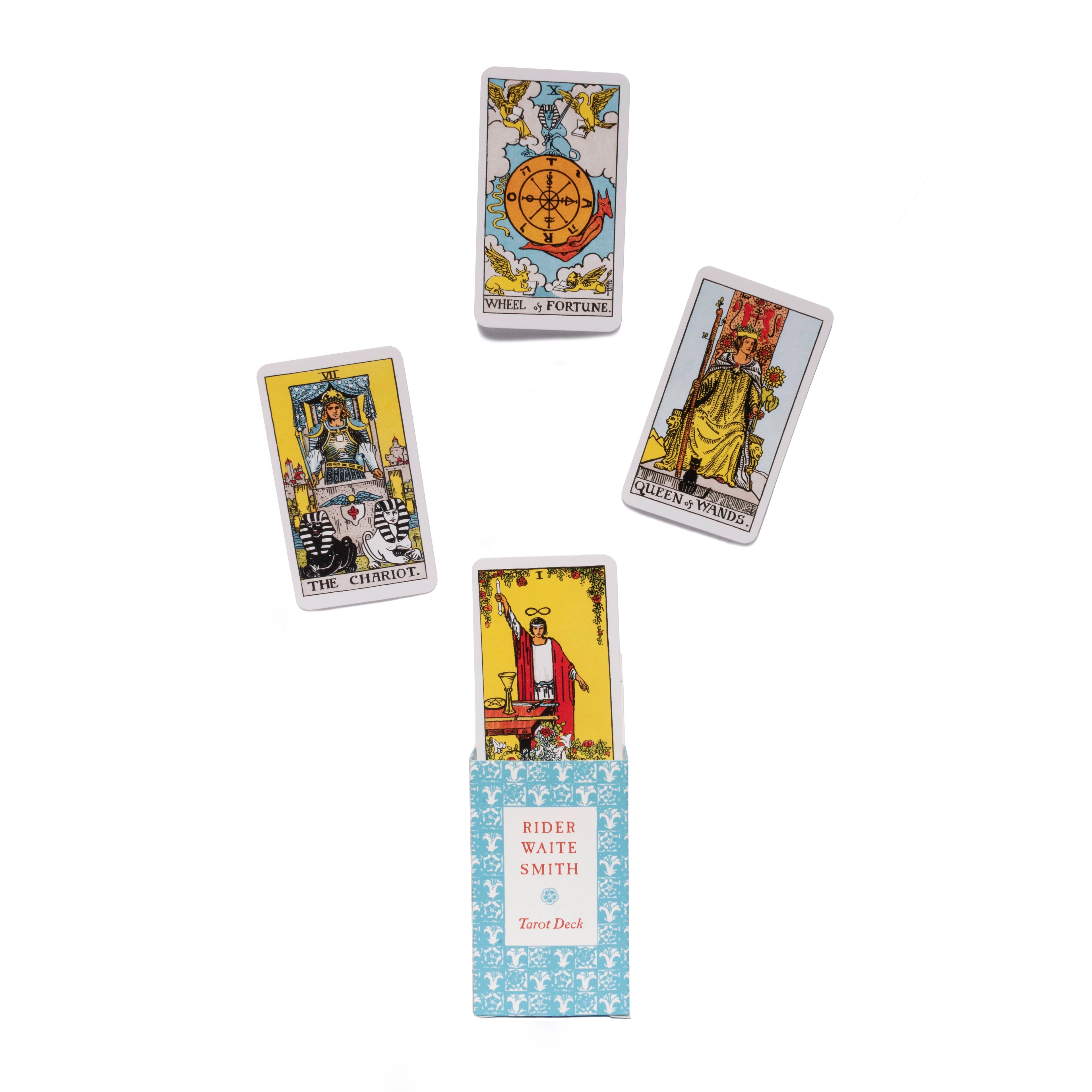 Four tarot cards from the Rider-Waite Smith deck with the deck box in the center on a white background.