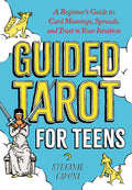 Book cover of 'Guided Tarot for Teens' with illustrations and text on a blue background