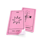 Two pink tarot cards with illustrations and text on a white background