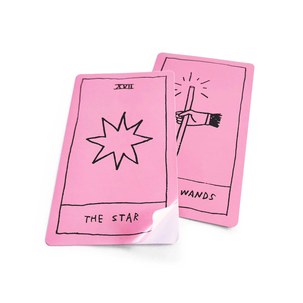 Two pink tarot cards with illustrations and text on a white background