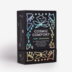 Black box with colorful designs and text on a white background