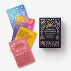 Set of colorful cards with 'Cosmic Comfort' branding on a white background