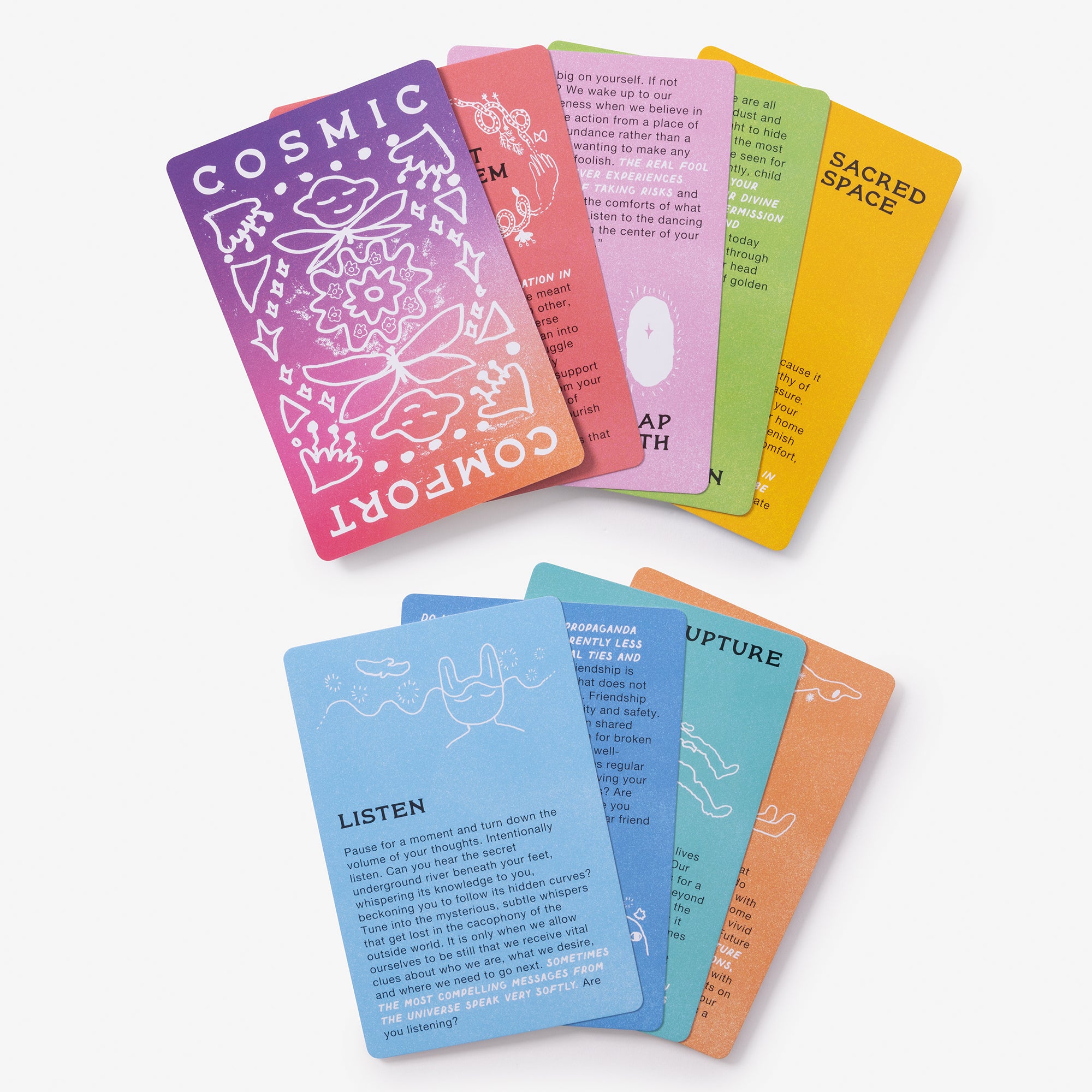 Set of colorful cards with text and symbols on a white background