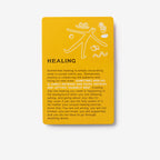 Yellow card with text and a line drawing on a white background