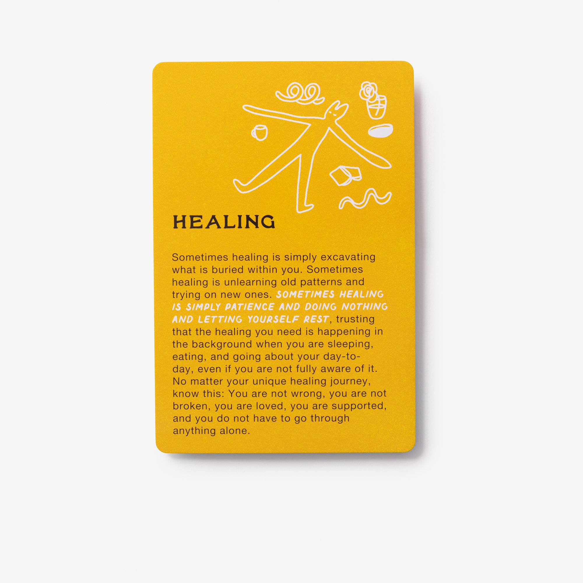 Yellow card with text and a line drawing on a white background