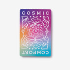 Colorful card with 'Cosmic Comfort' text and abstract designs on a white background