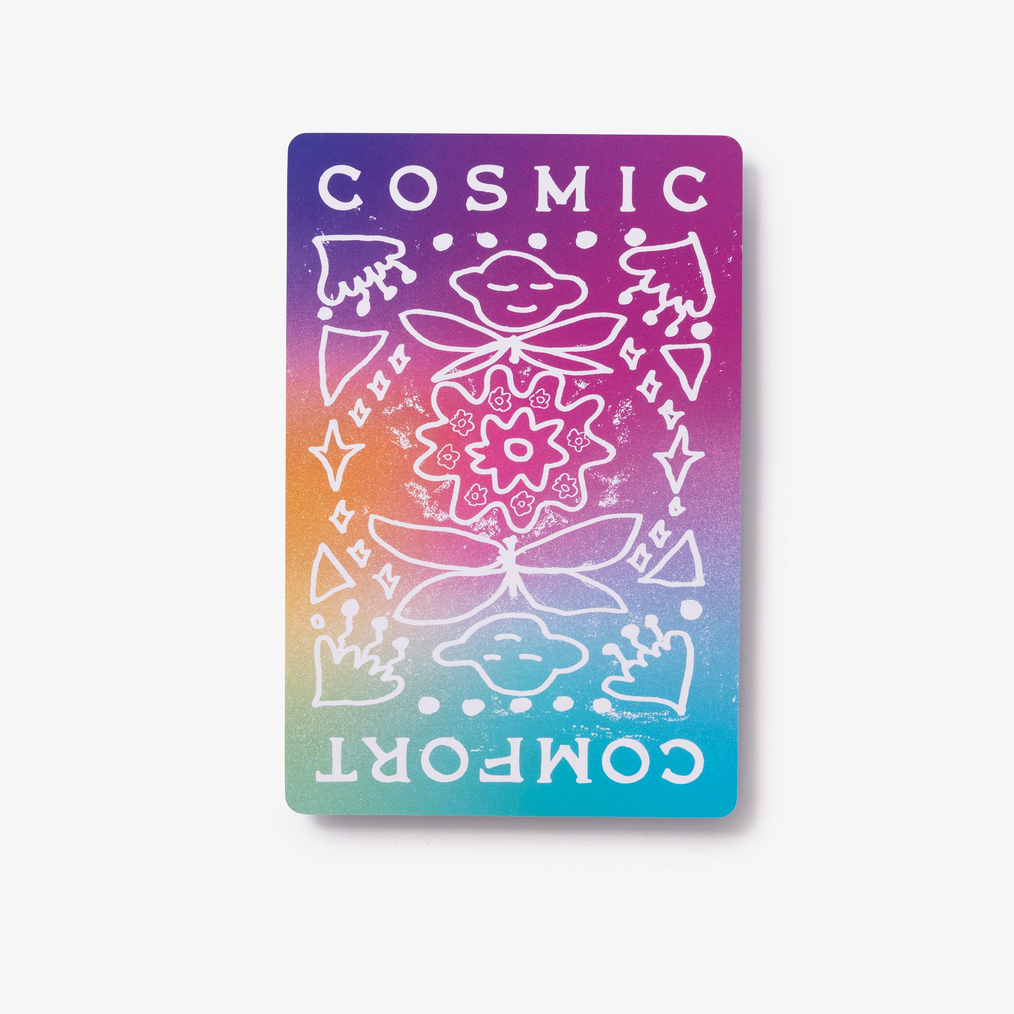 Colorful card with 'Cosmic Comfort' text and abstract designs on a white background