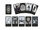 Set of tarot cards with black and white designs on a white background