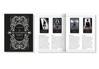 Open book showing tarot card illustrations and descriptions on a white background