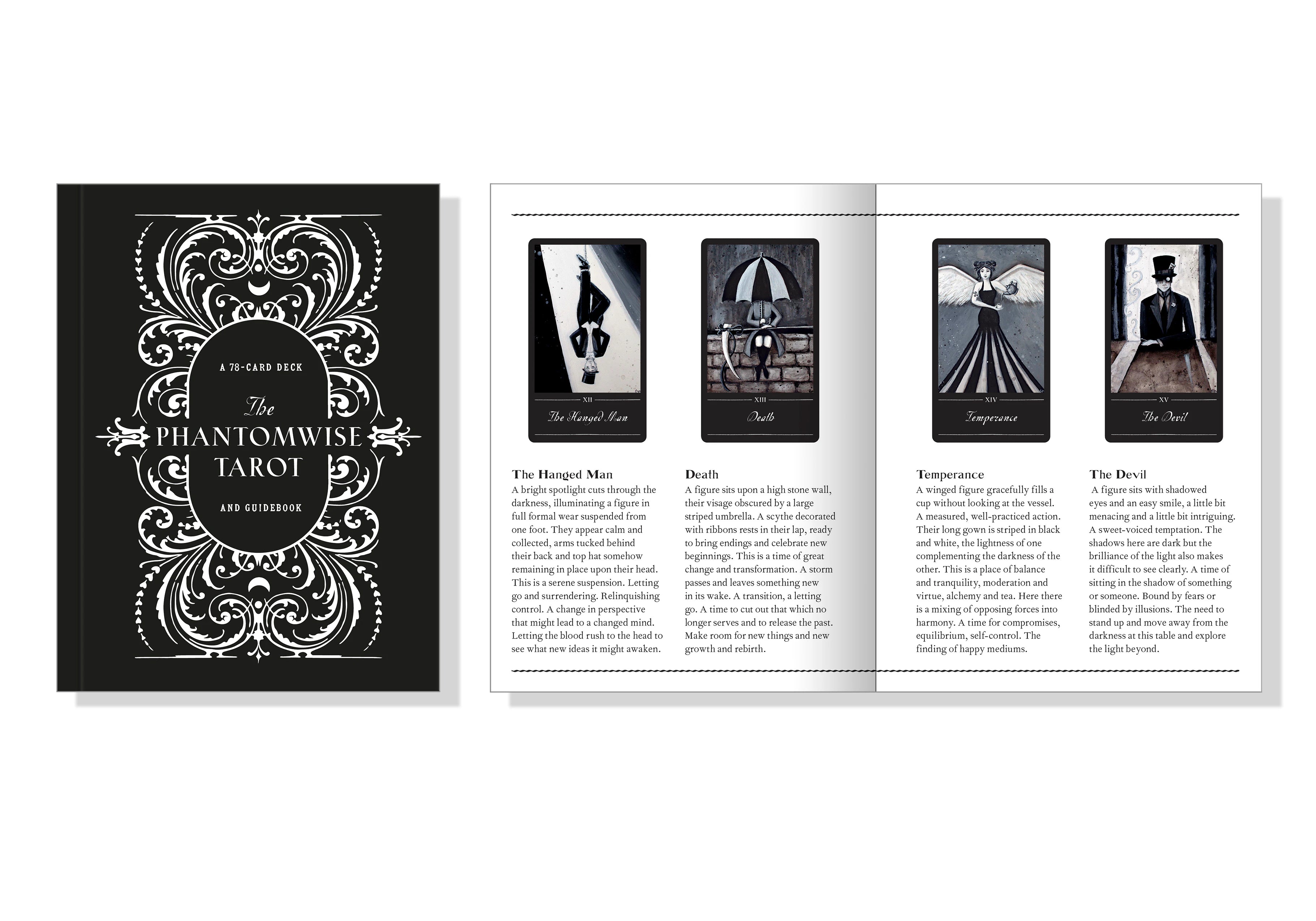 Open book showing tarot card illustrations and descriptions on a white background