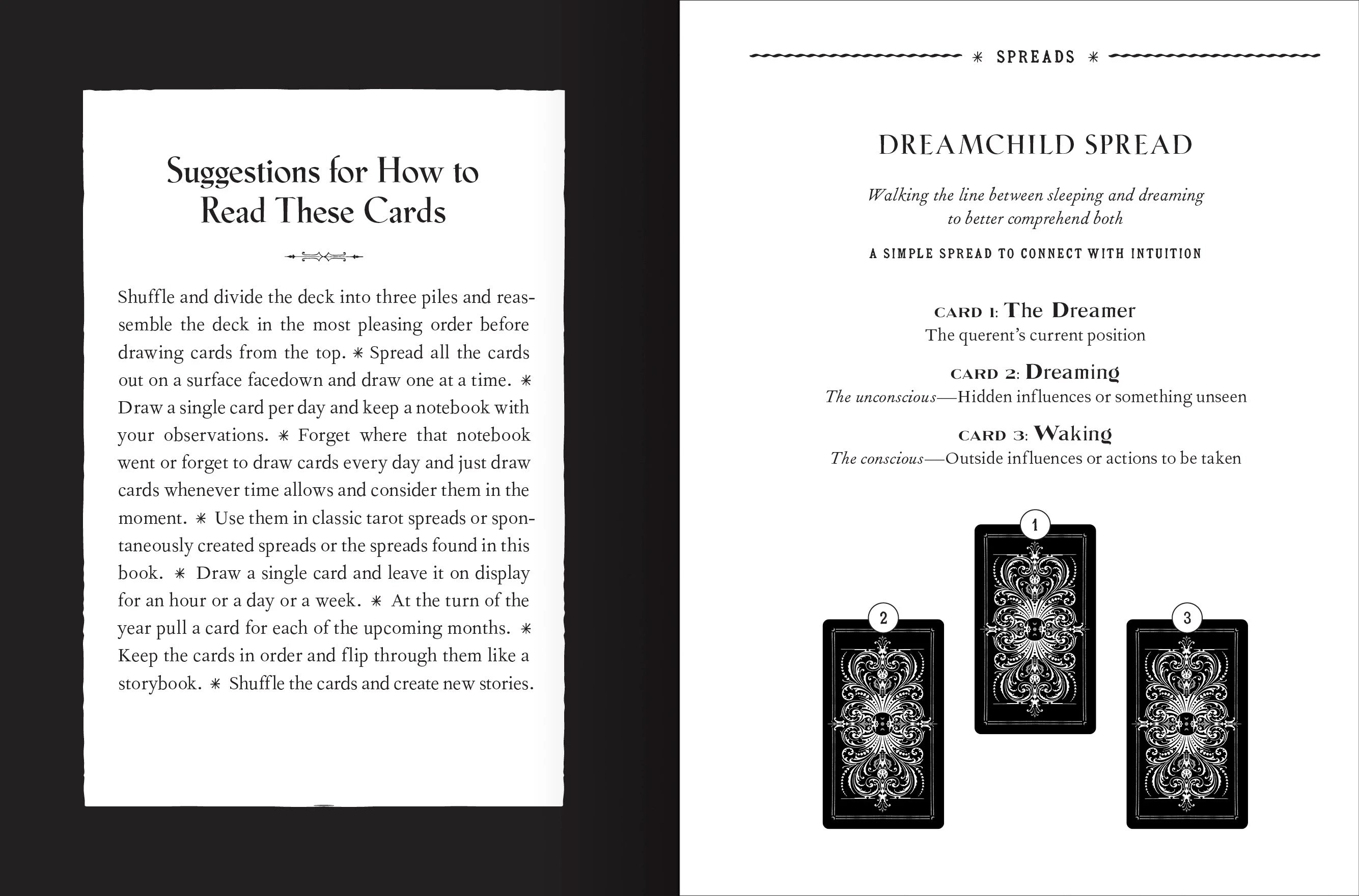 Instructions for reading tarot cards with black and white illustrations on a white background.