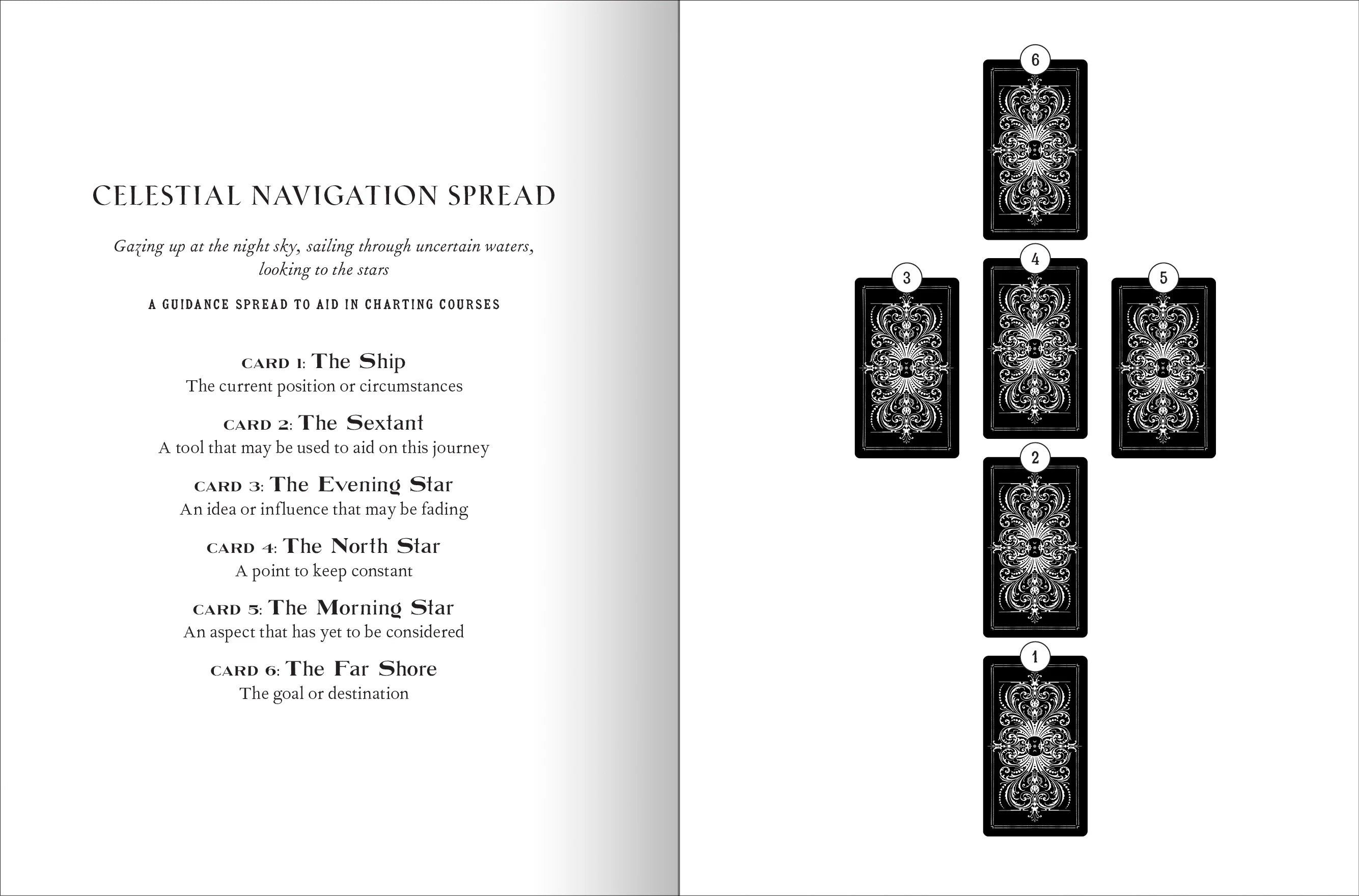 Card deck with celestial navigation spread and card illustrations on a white background