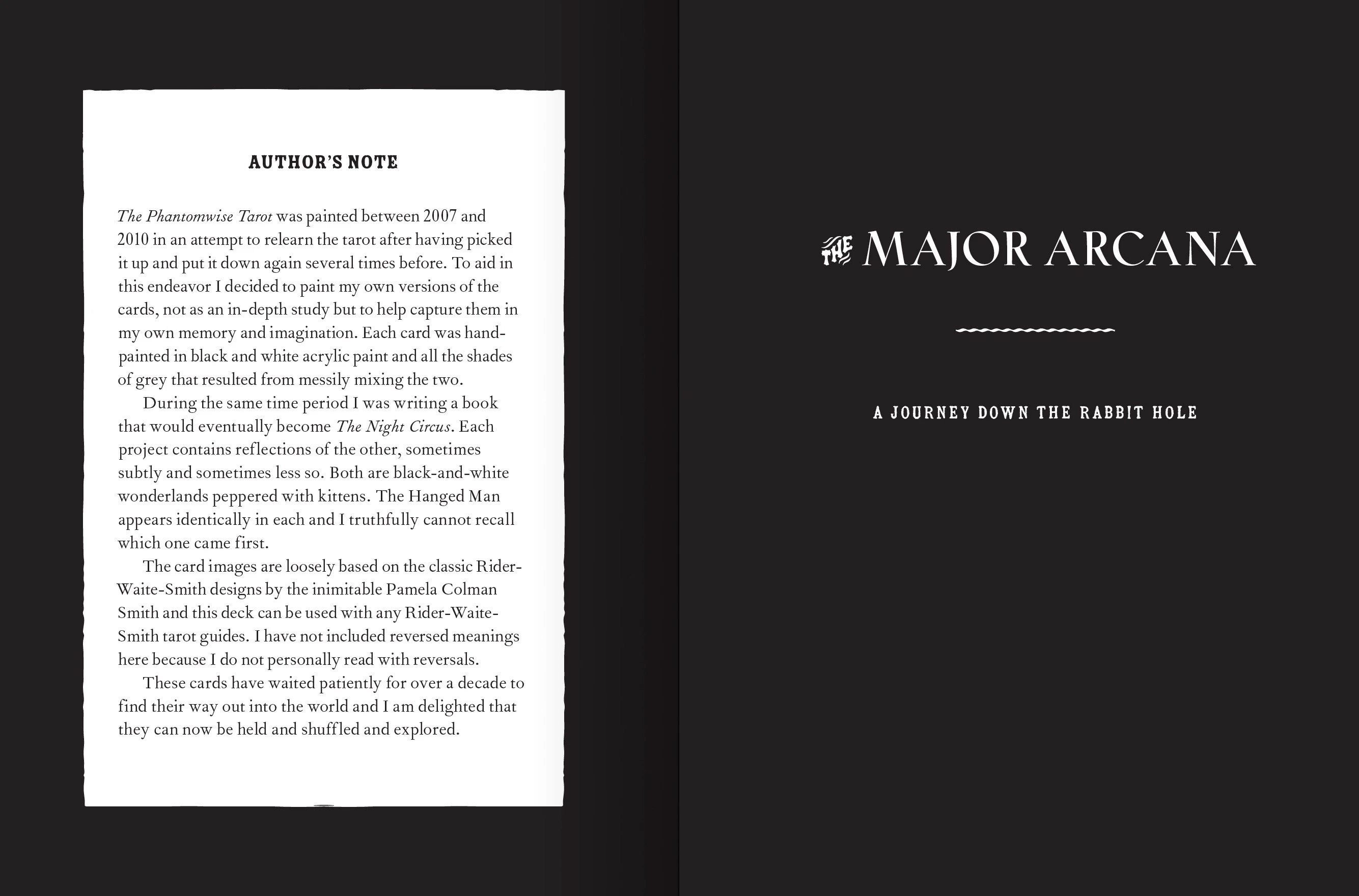 Book page with text and 'Major Arcana' branding on a black background