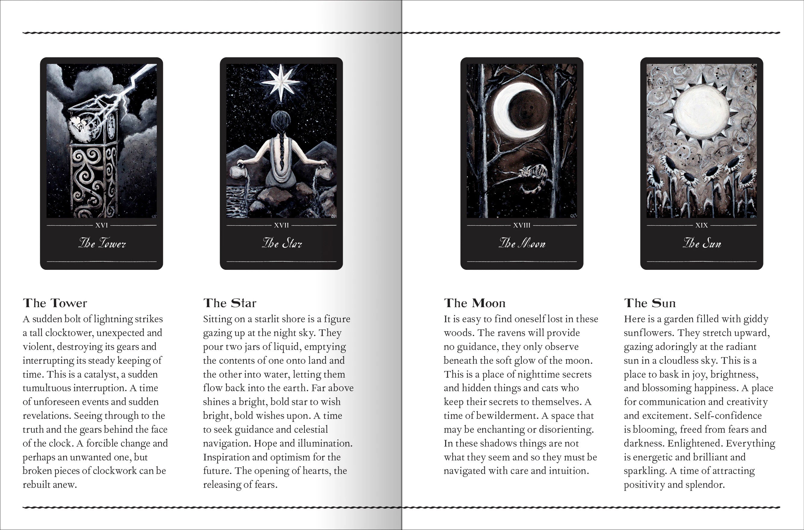 Four tarot cards with descriptions on a white background