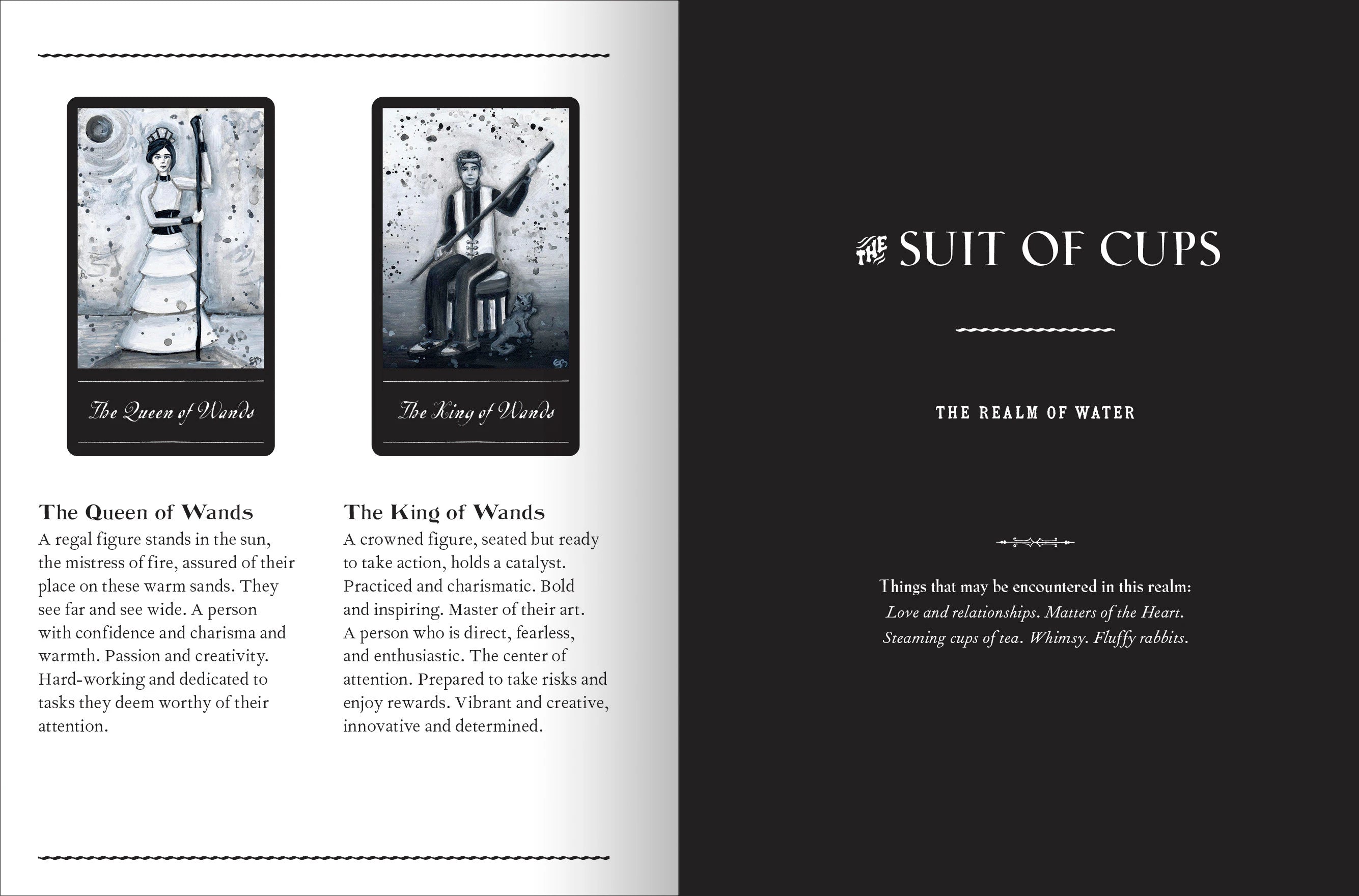Two tarot cards labeled 'Queen of Wands' and 'King of Wands' with descriptive text on a black background.