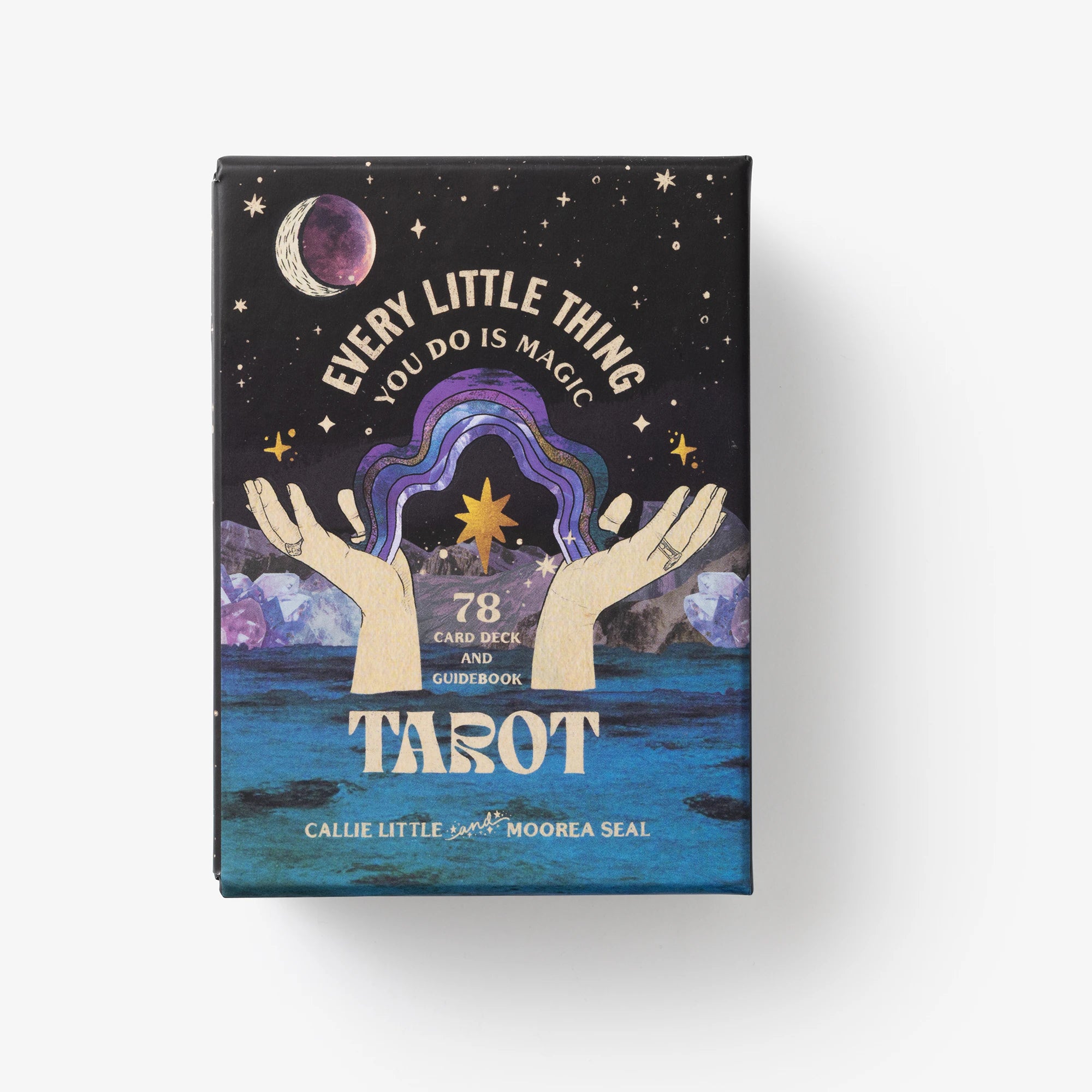 Tarot card set packaging with artistic design and text on a white background
